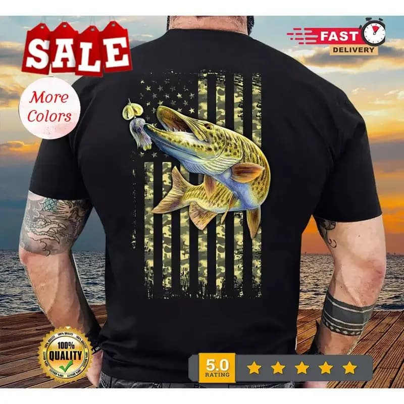 Muskellunge Fishing American Camo Bandiera USA per pescatore, maglietta Muskie America del Nord