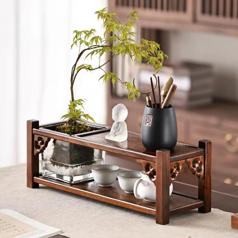 ‌Chinese Solid Wood Tea Shelf | Zen Water Feature Organizer with Eco Wax Finish Durable Storage for Tea Room Decor & Accessories