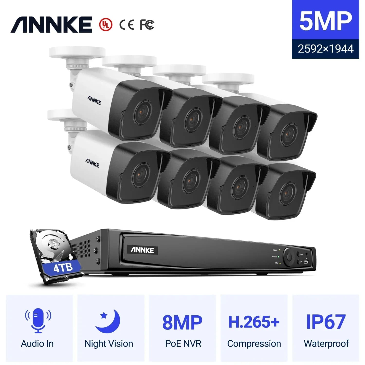 Sistema di sicurezza ANNKE H.265+ 16CH 8MP PoE NVR con 8 telecamere IP PoE da 5MP con audio e sistema CCTV con disco rigido da 4TB