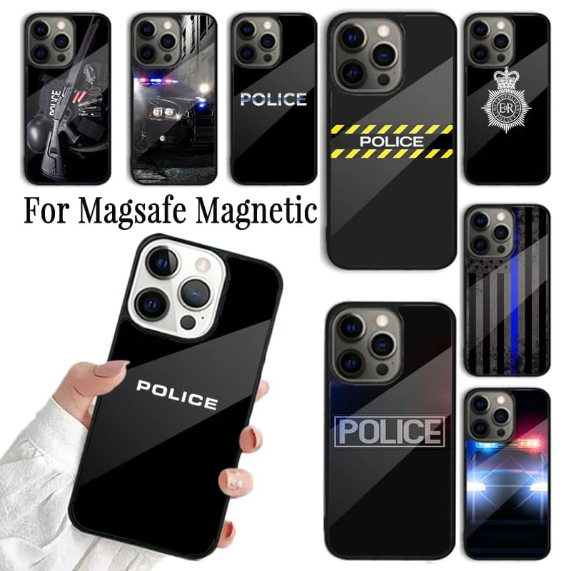 Cover per iPhone con Simbolo Polizia per iPhone 17 AIR 16 15 14 13 12 11 Pro Max Plus, Custodia Magnetica Wireless Magsafe