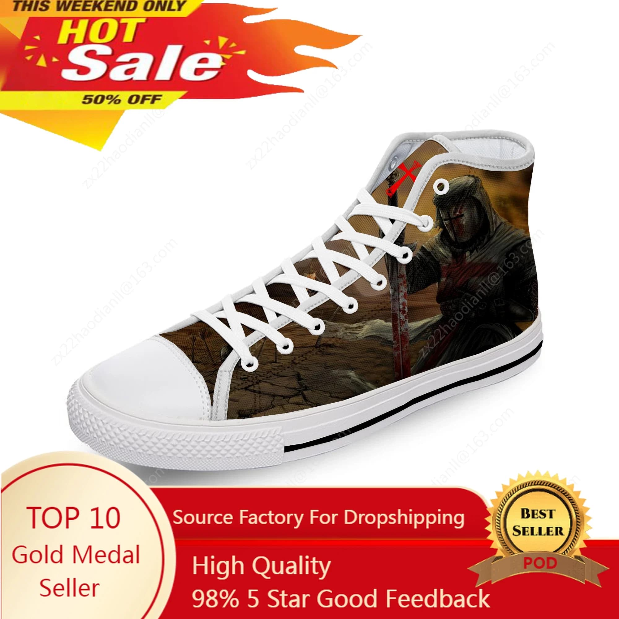 Warrior Crusader Knights Templar Cross Panno bianco Stampa 3D Scarpe di tela alte Uomo Donna Sneakers leggere e traspiranti