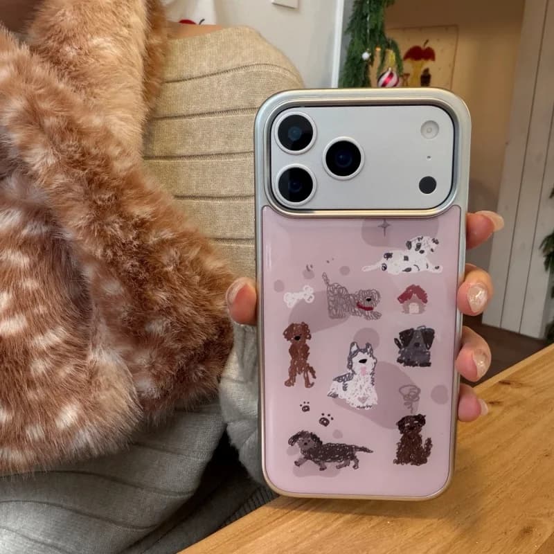 Cute Seven Dogs Pattern Epoxy Pink Anti-fall Phone Case for iPhone 17, 16, 15, 14, 13, Pro, Promax