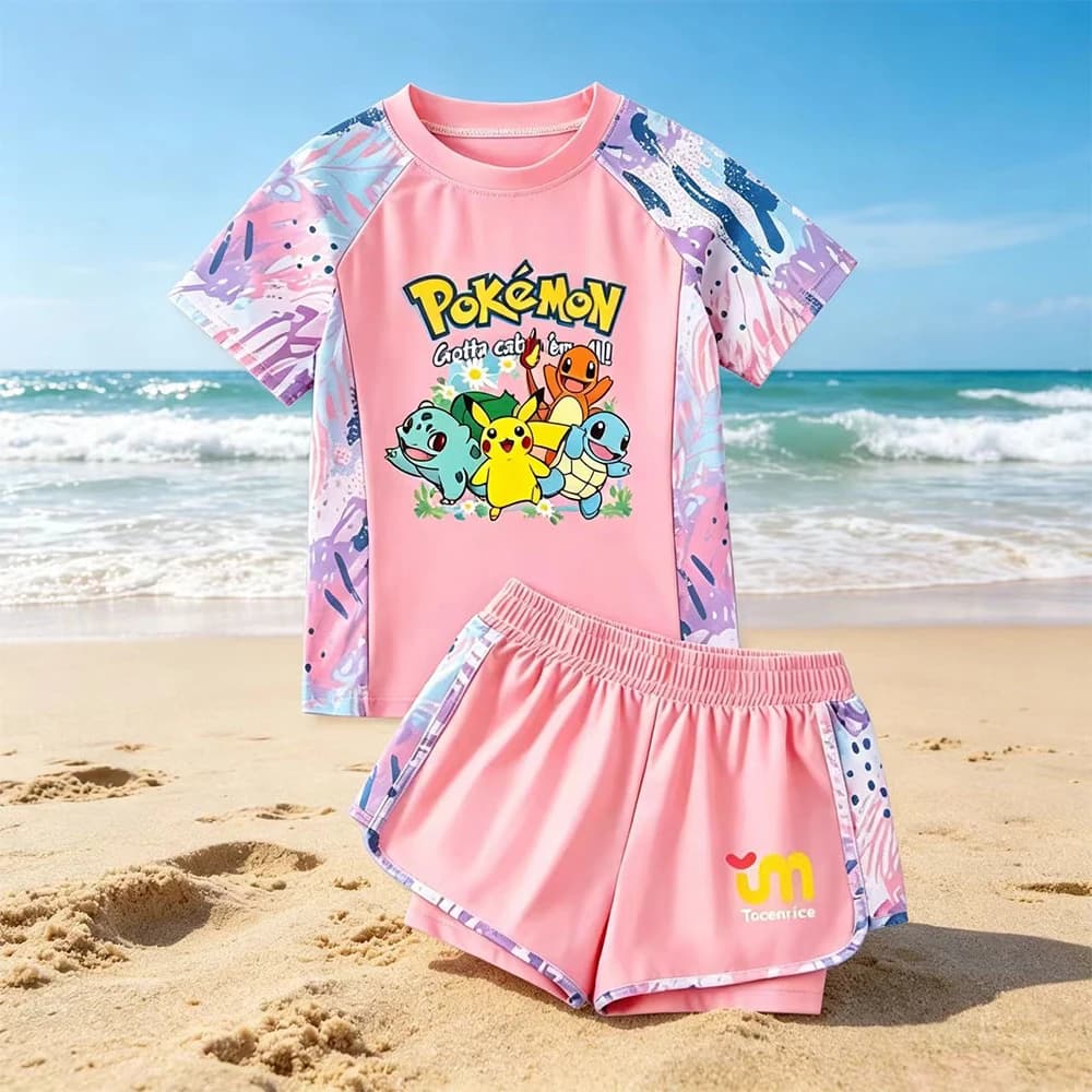 Cute Pokemon Pikachu Kids Girls Swimwear Set Short Sleeve Top+Shorts Toddler Beach Bathing Suit Anime Children Swimming Costume