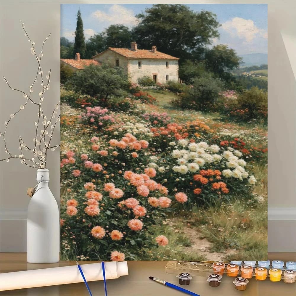 Acrylic Paint By Numbers Countryside Flower Garden Painting By Numbers On Canvas Coloring By Number For Adults Paint Digital Art