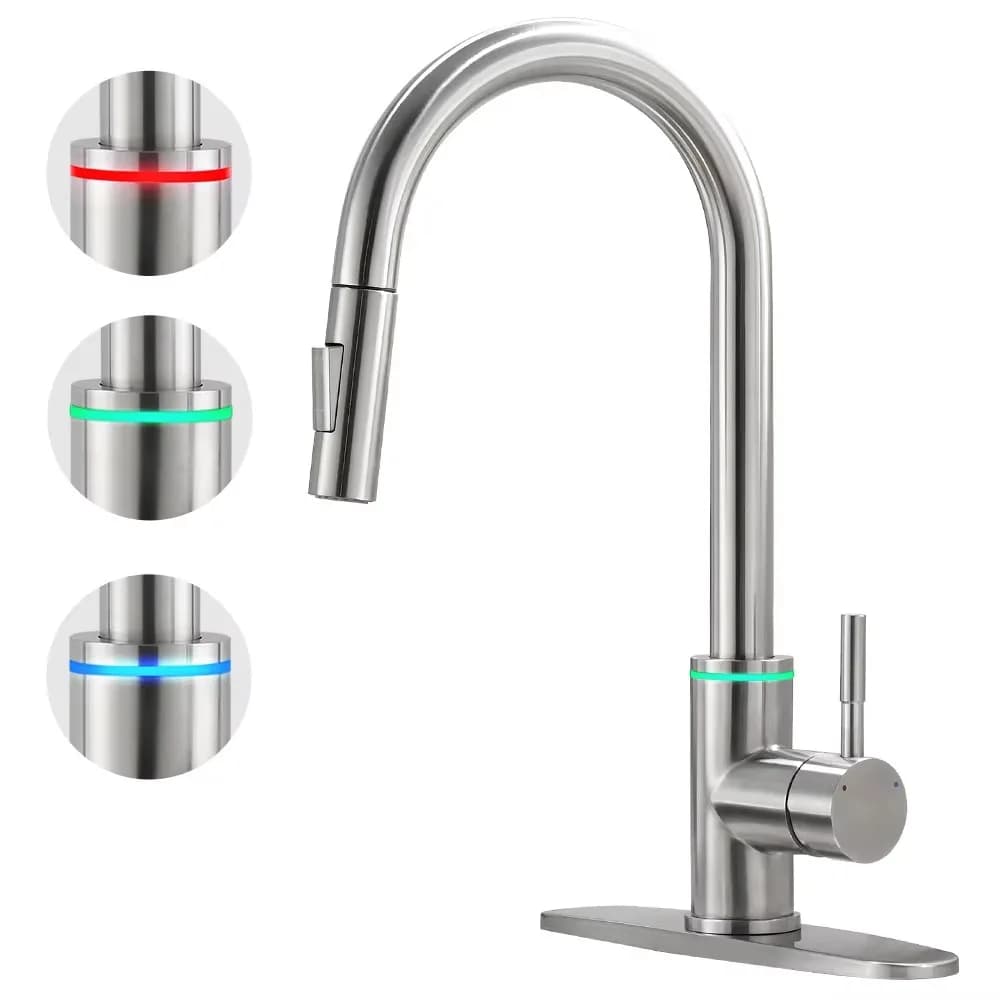 Rubinetto da cucina in nichel spazzolato foro singolo stile LED beccuccio estraibile lavello da cucina testa spruzzatore a flusso miscelatore nero LED 866006