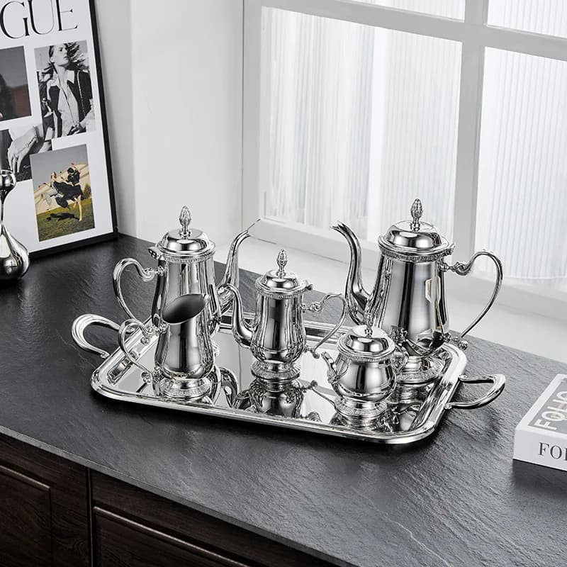 Nordic Stainless Steel Afternoon Tea Coffee Set Light Luxury Teapot Milk Jug Coffee Pot Tray Vintage English-Style