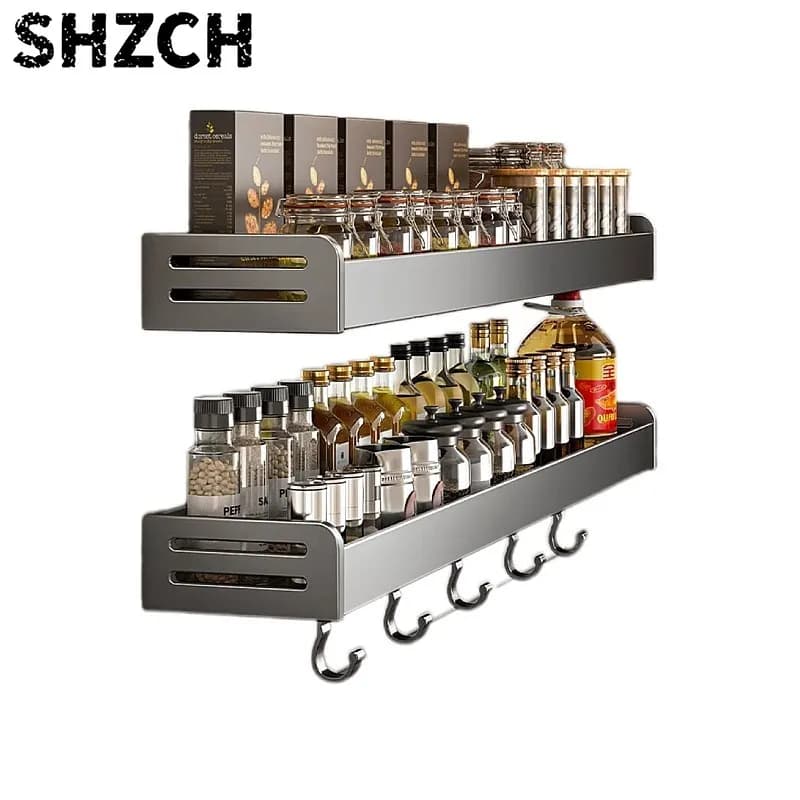 Wall Mounted Kitchen Spice Rack Shelf 30/40cm with Hooks Knife Spoon Organizer