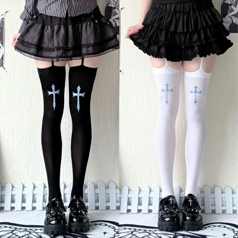 1/2Pcs Blue Cross Printed Garter Stockings Women Black White Gothic Suspender Thigh High Socks Non-Slip for JK Edgy Skirt Dress