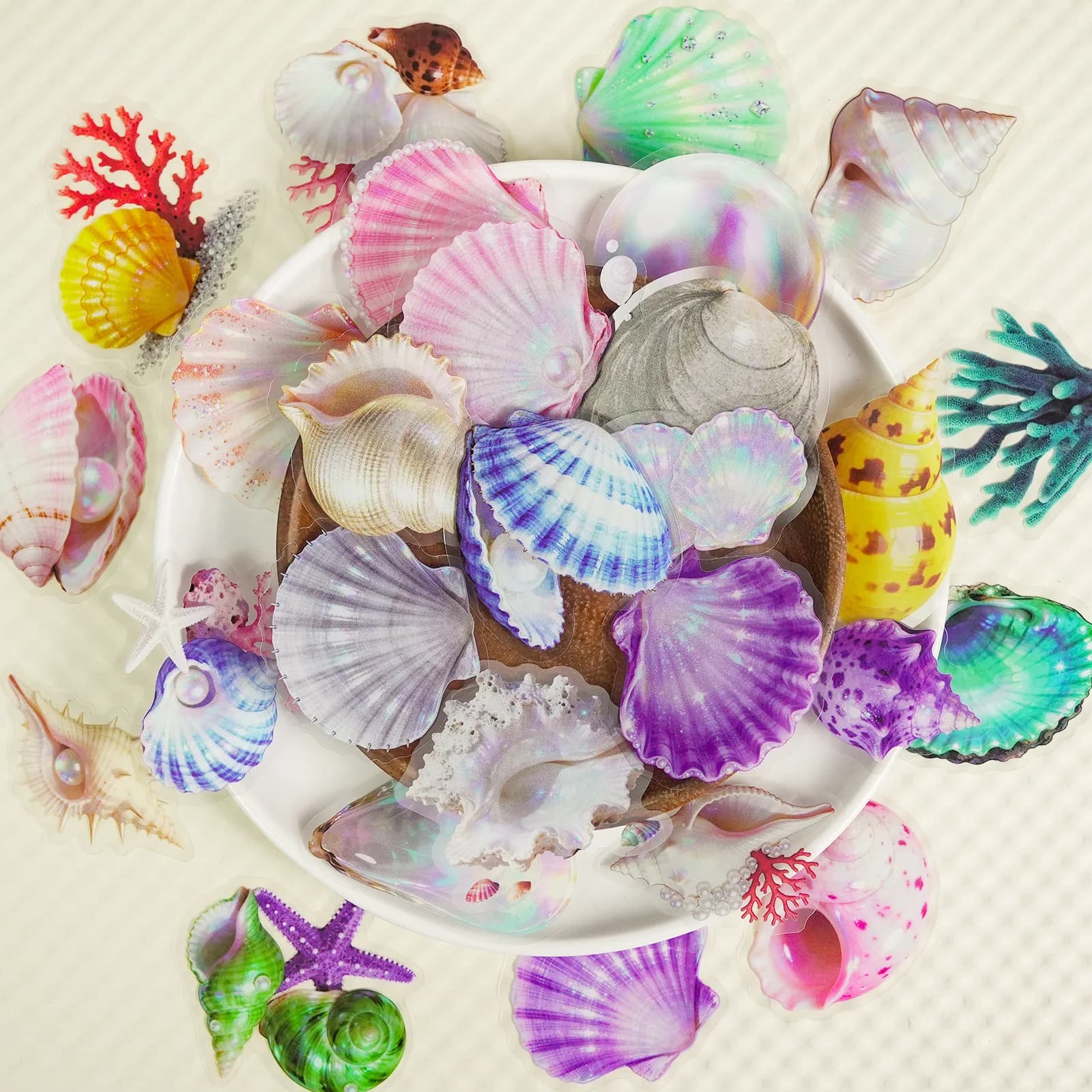 56 Pezzi Adesivi Trasparenti in PET HD Colorati a Forma di Conchiglia, Impermeabili Senza Duplicati per Scrapbook Fai-da-Te, Telefono, Cartelle, Casco, Skateboard, Tazze
