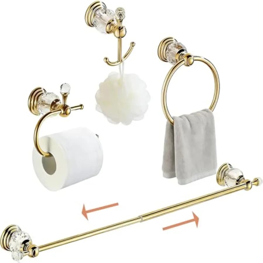 Set di Accessori Bagno in Oro con Cristalli: Porta Asciugamani Regolabile, Porta Carta Igienica in Ottone Lucido, Anello Porta Asciugamani, Ganci Appendiabiti