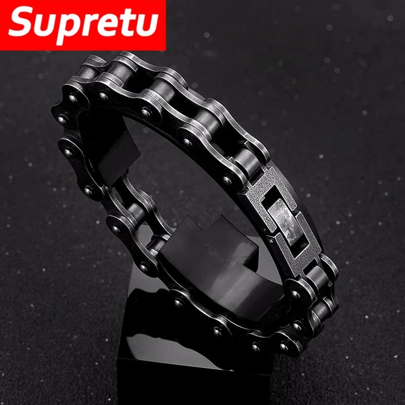 Catena locomotiva Cyberpunk braccialetti da bicicletta in acciaio inossidabile da uomo cinturino largo nero Vintage mai sbiadire gioielli regali di fascino