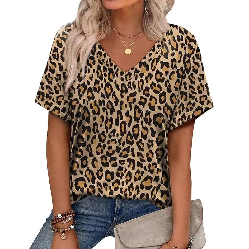 Women's Fashion Leopard T-Shirts 3D Flower Floral Print V-Neck Short Sleeve T-Shirt,Y2K