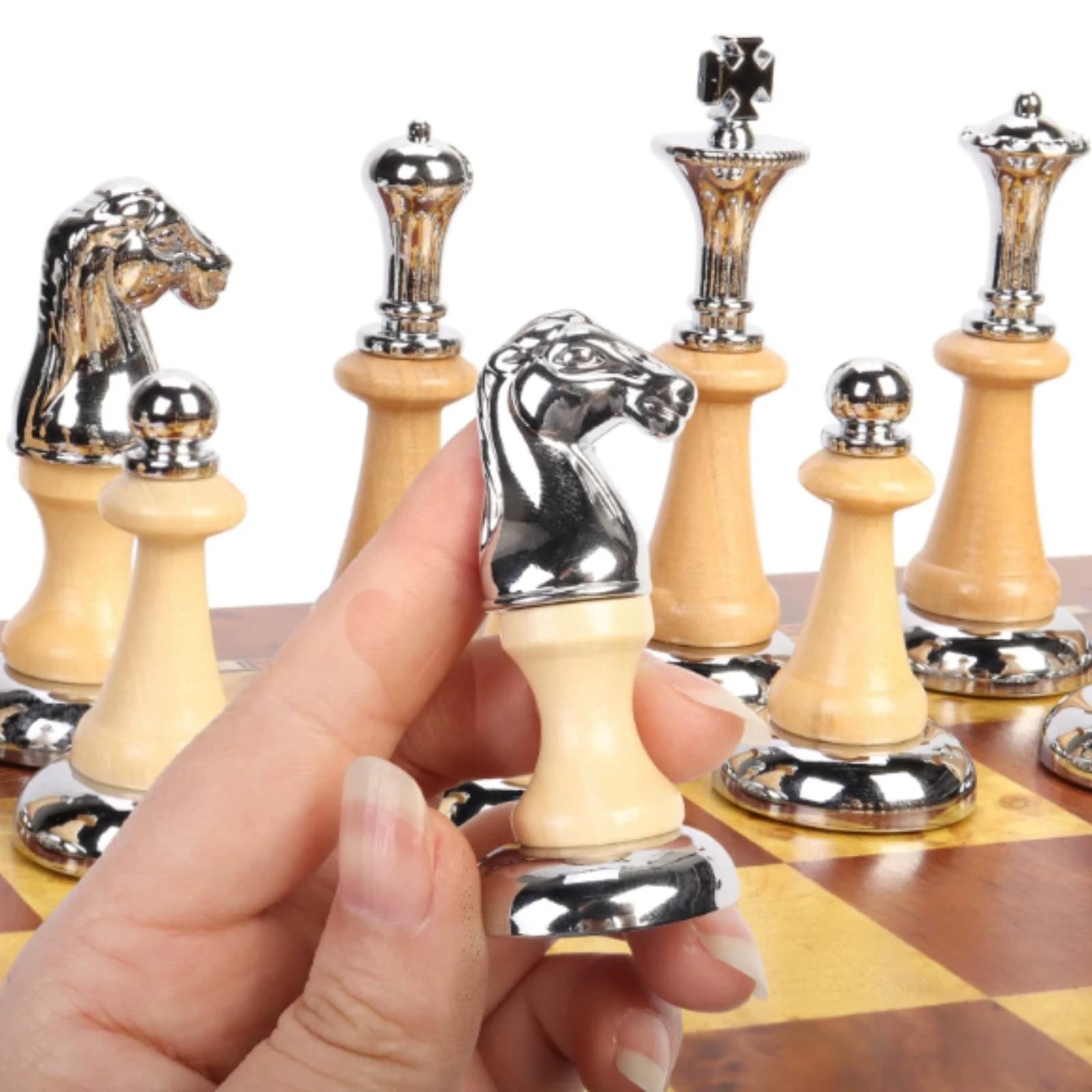 Chess Set with Storage Drawer Desktop Wooden Chess Set Chessboard with Drawer Gold-Tone Premium for Adults, Game Room, Study