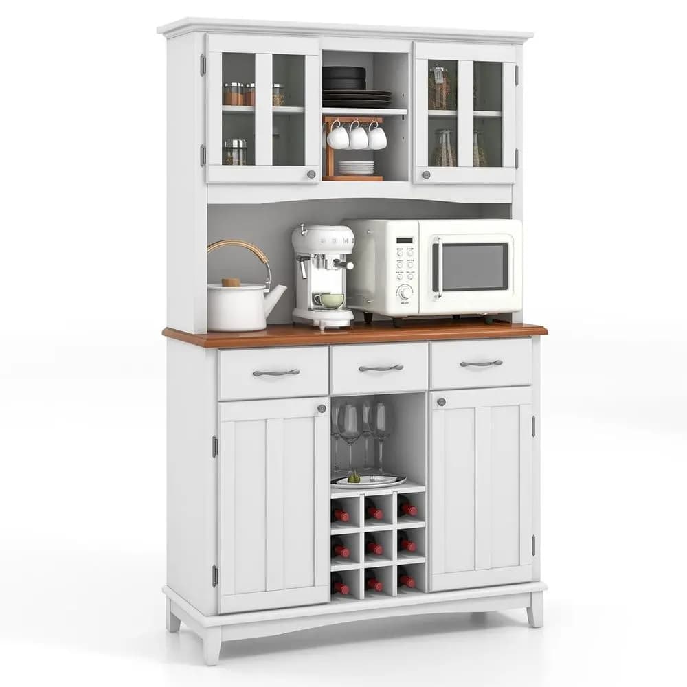 Credenza da Cucina con Spazio di Archiviazione, Mobile Buffet Stile Rustico con Ante in Vetro, Cassetti, Portabottiglie, Ripiani Regolabili, Dispensa