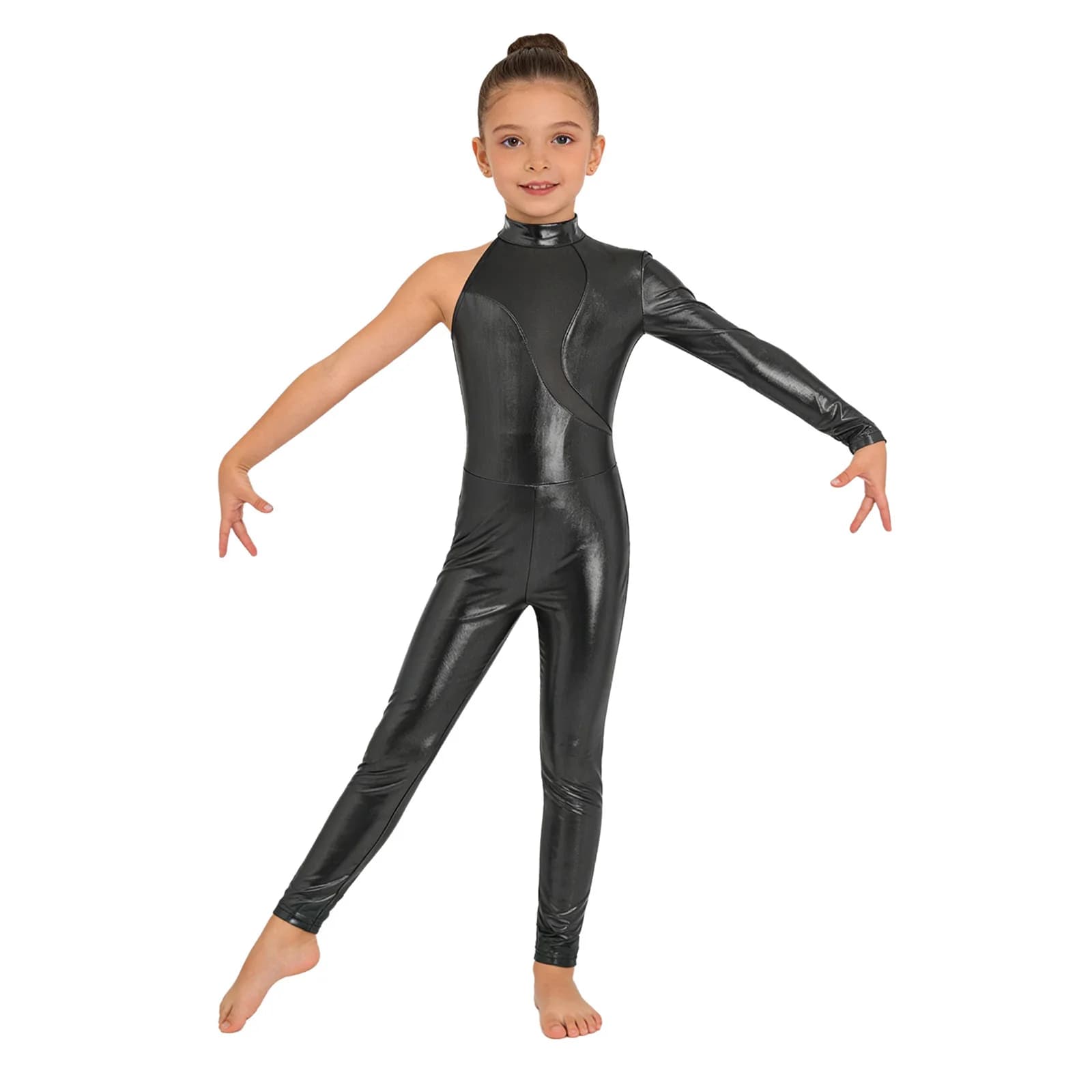 Body da Danza Classica per Bambine, Tuta Metallizzata per Ginnastica e Acrobatica, Monospalla con Rete per Pattinaggio Artistico