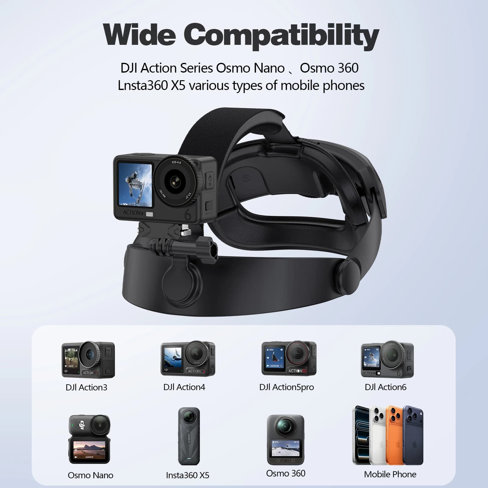 Supporto per Testa Regolabile per DJI Action 6/5Pro/4/3, Osmo Nano/360, Insta360 X5, Telefono - Supporto per Fotocamera POV per Sport all'Aperto