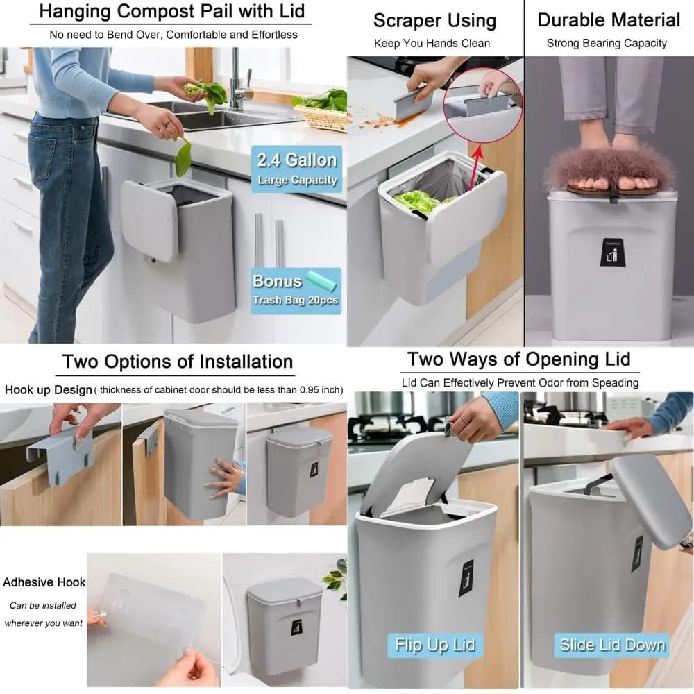 Cestino per compost sospeso da appoggio o sottolavello grigio, piccolo pattumiera da 2,4 galloni con coperchio per cucina, bagno, ufficio e campeggio