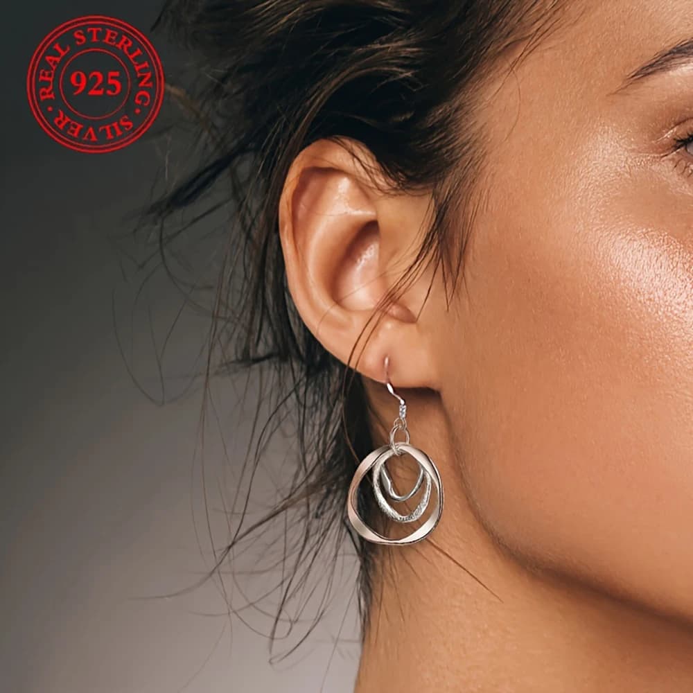 Eleganti orecchini a goccia a tre anelli in argento sterling 925 per donne, gioielli eleganti, accessori da sposa