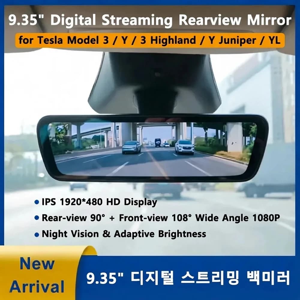 New For Tesla Stream Media Rearview Mirror 9.35 Inch Digital Streaming Mirror Dashcam With Night Vision For Model 3 Y Juniper