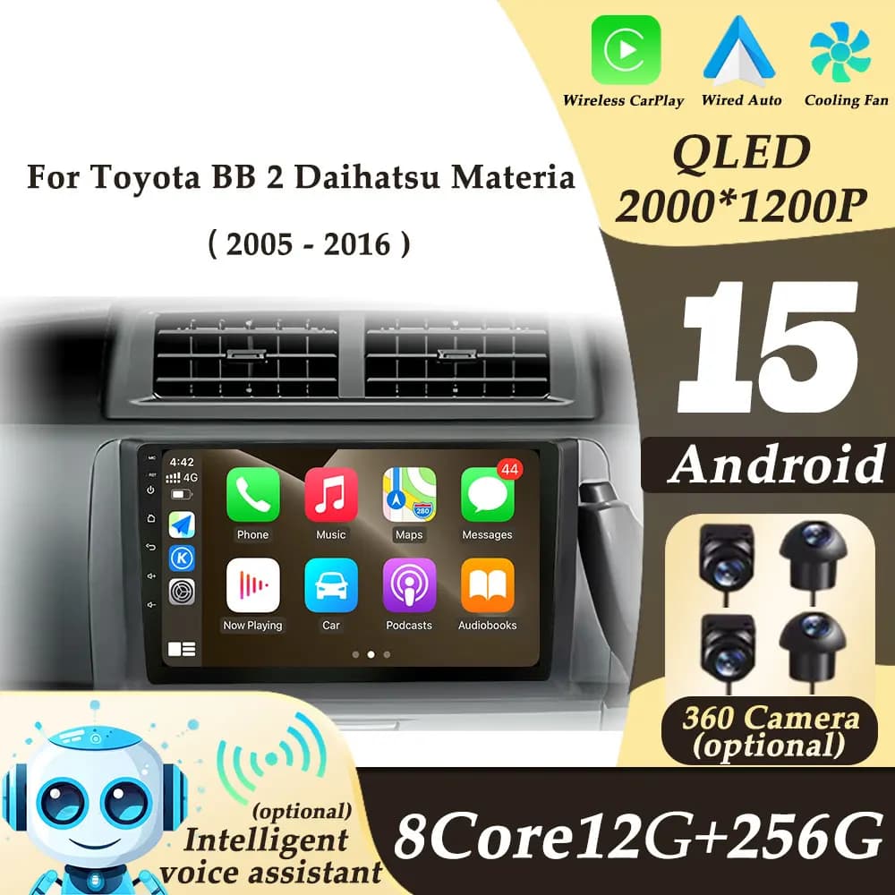 Autoradio Lettore Multimedi Wireless CarPlay per Toyota BB 2 Daihatsu Materia 2005-2016 Strumenti Auto GPS Navi 2K QLED BT No 2 din