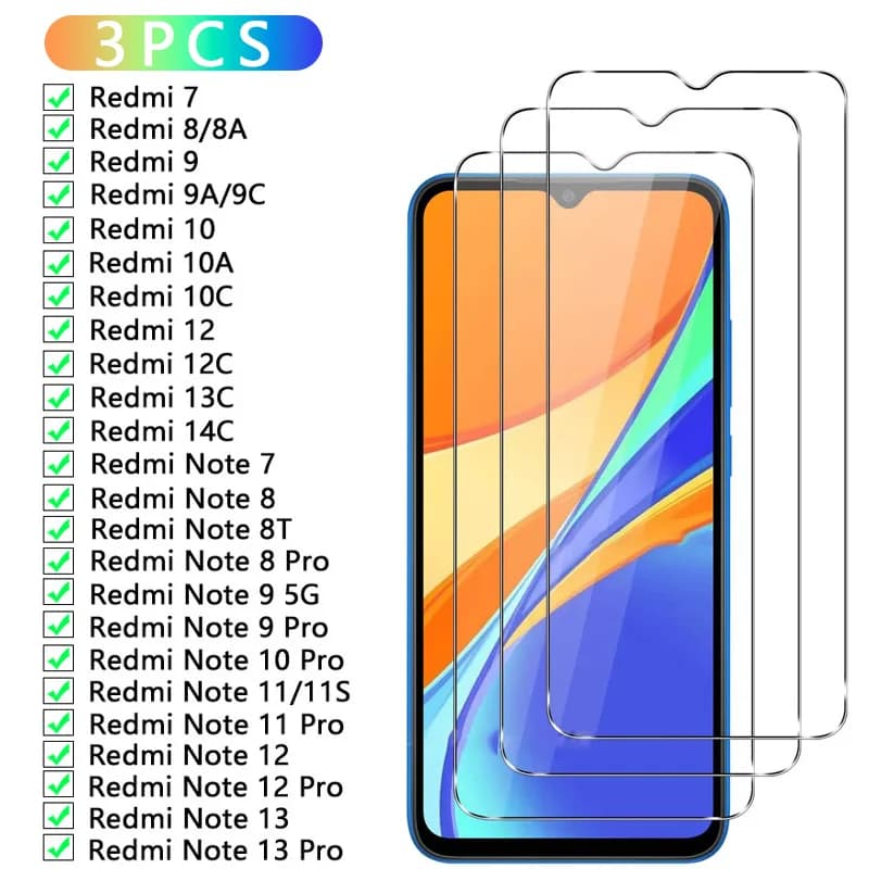 3PCS Vetro temperato per Xiaomi Redmi Note 13 12 11 10 9 8T 7 4G 5G Pro Protezione dello schermo per Redmi 7 8A 9A 9C 10A 10C 12C 13C 14C