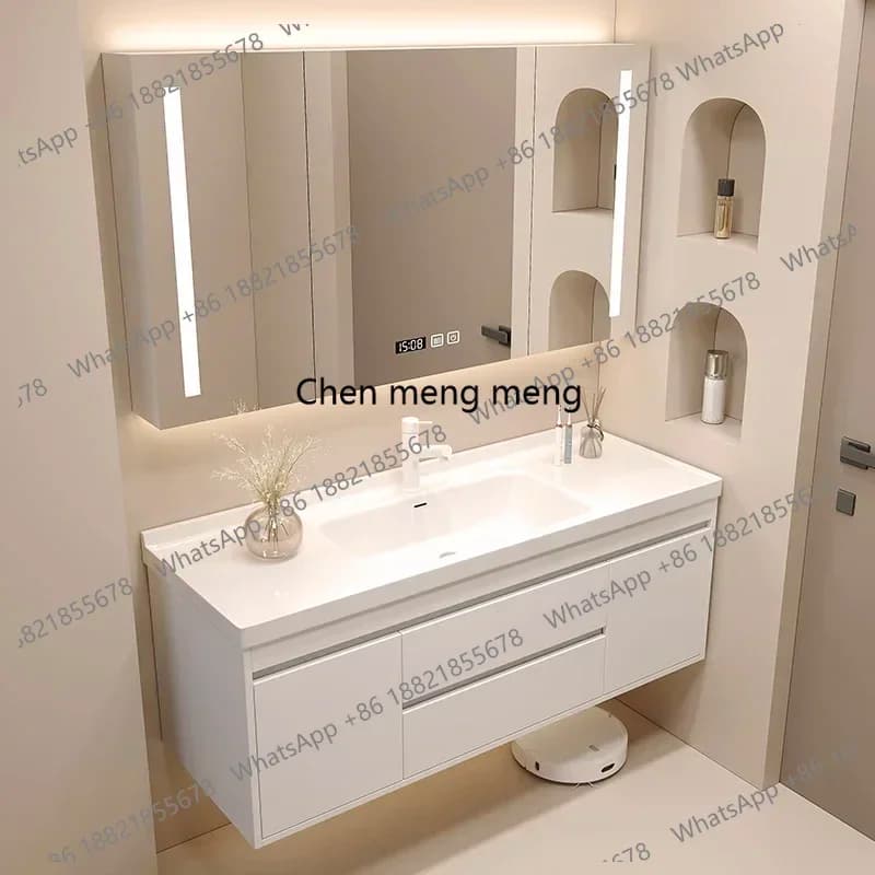 Mobile bagno bianco a parete con specchio e cassetti, mobile lavabo, organizer per trucchi, arredamento per la stanza