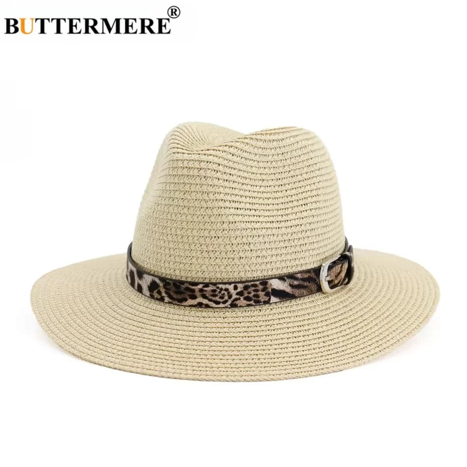 Cappelli da sole da donna BUTTERMERE, cappelli estivi da spiaggia in paglia beige con cintura leopardata, cappello di paglia morbido alla moda, cappelli jazz da donna