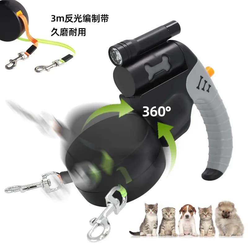 Dual Head Retractable Pet Leash Built-in LED Lighting One Drag Two Automatic Dog Walking Rope For Two Dogs Night Outdoor Walking