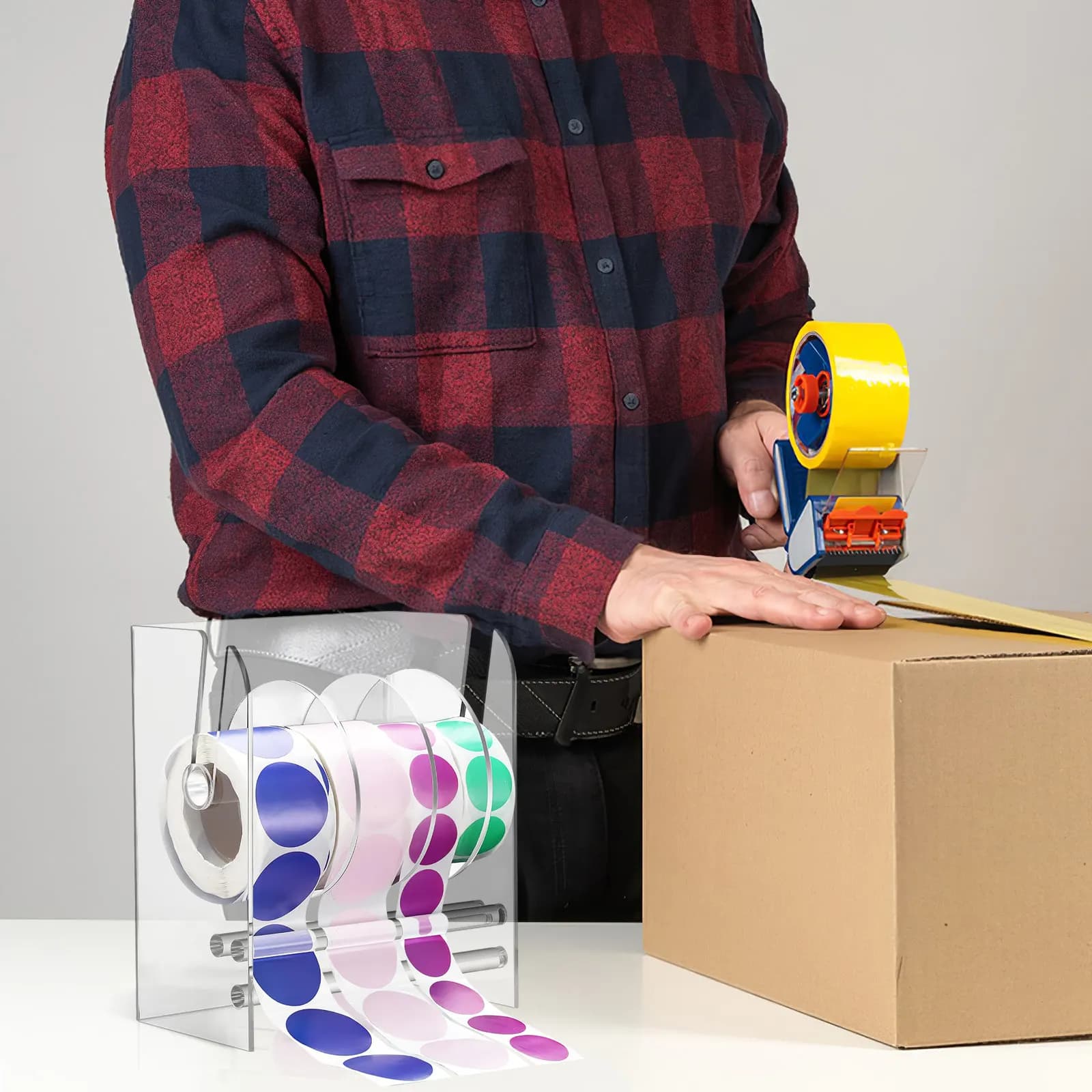 Dispenser di etichette da tavolo, supporto per nastro in acrilico, organizer, supporti adesivi regolabili