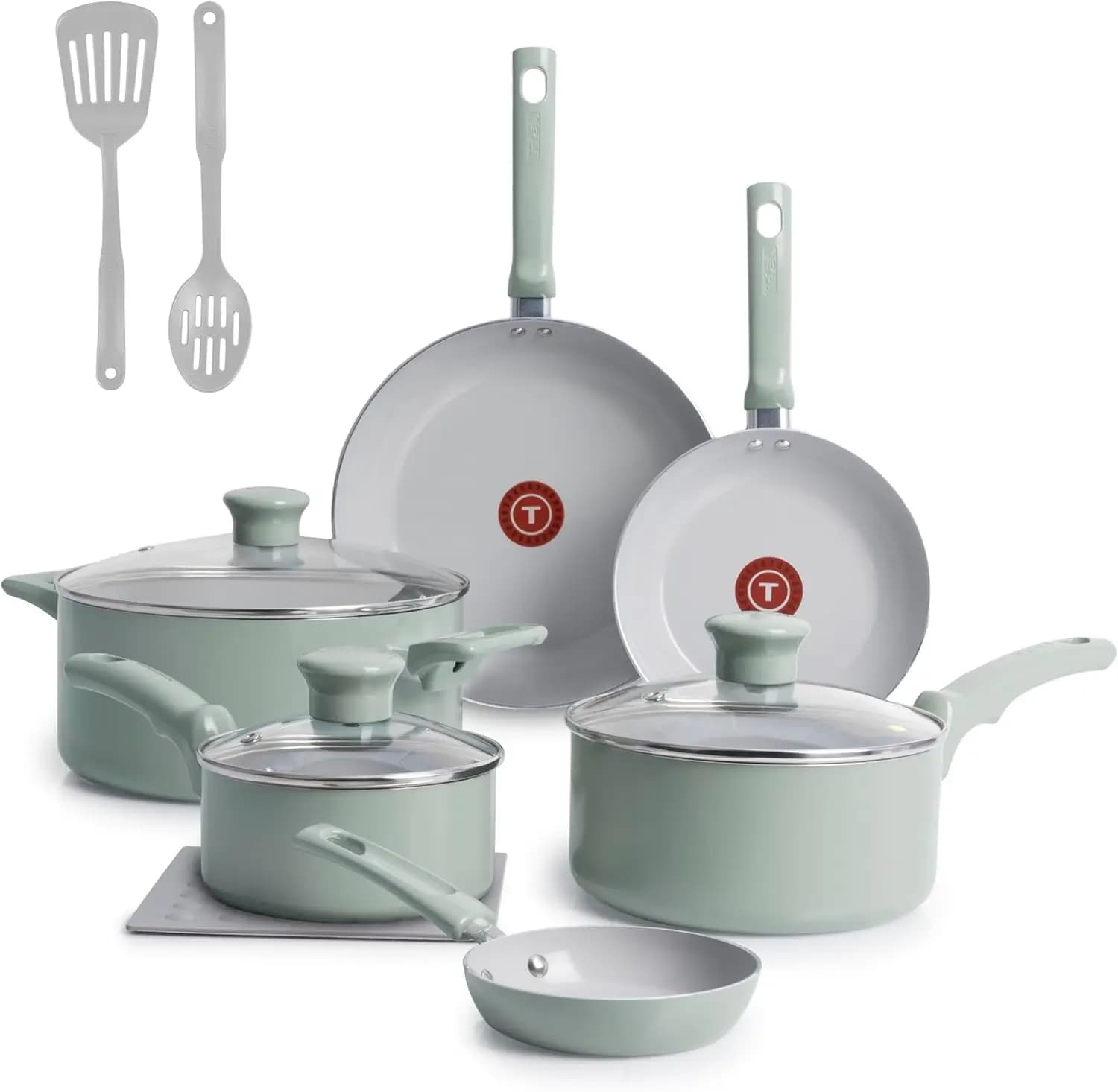 Set di Pentole in Ceramica Verde Menta Antiaderente, 12 Pezzi con Pentola, Piastra, Padelle e Utensili, Adatto al Forno fino a 350 Gradi ° F