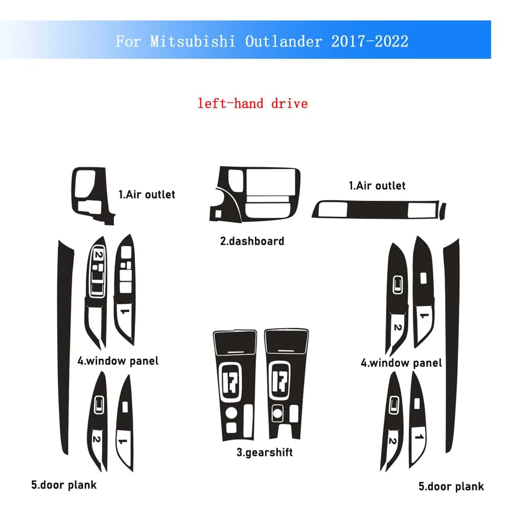 Pellicola in Fibra di Carbonio per Mitsubishi Outlander 2017-22, Adesivo per Interni Auto, Console Centrale, Cruscotto, Maniglie Porte, Pannello di Sollevamento