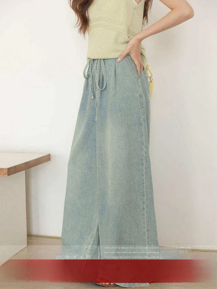 Blue High Waist Straight Leg Jeans Women's Loose Wide Leg Pants Summer Washed Relaxed Fit Commute Style Micro Stretch