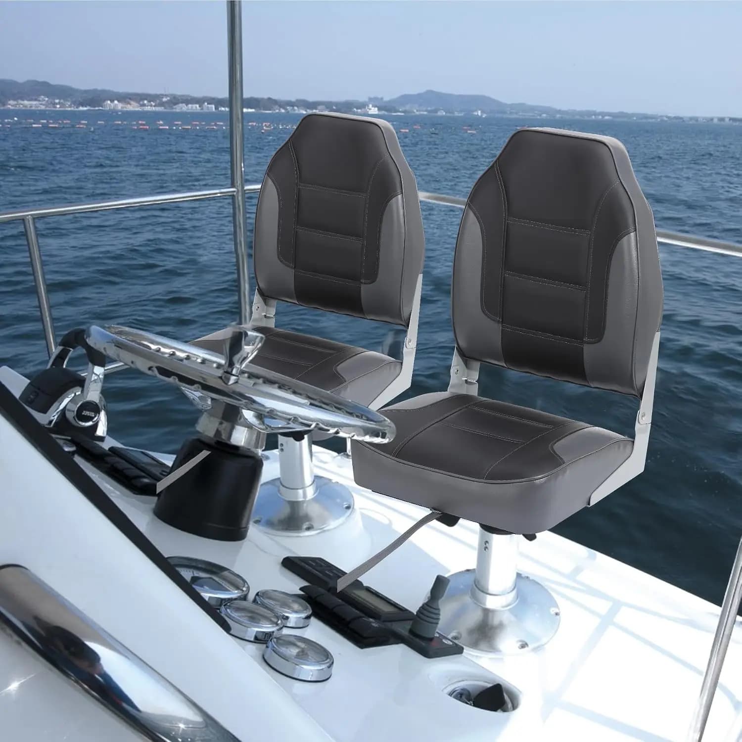 2 Pack Folding Boat Seats PVC Leather High Back Fishing Boat Seat Comfortable Boat Chairs with Thick Sponge Padding and Hinge for Sightseeing Boat Speedboat