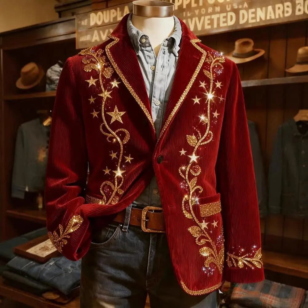 Cappotto da uomo in velluto a coste Serie natalizia e capodanno Giacca da abito festivo in velluto a coste con stampa digitale Giacca in velluto a coste lucida calda