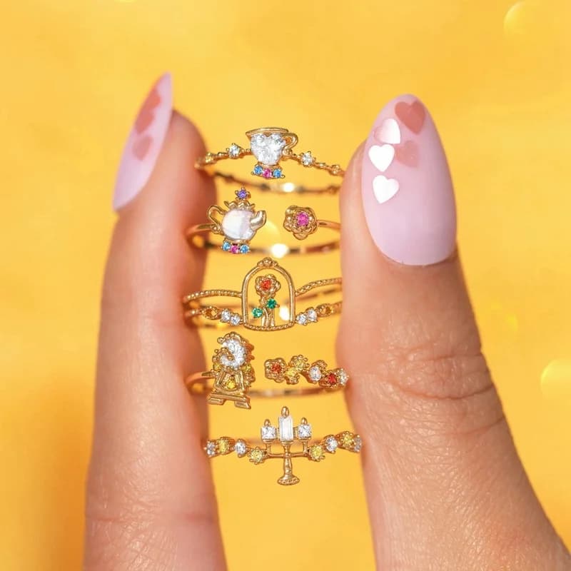 Ring with cubic zircons with mixed design for woman, gold plated, candle shape, teapot, pink, adjustable, for parties and weddings.