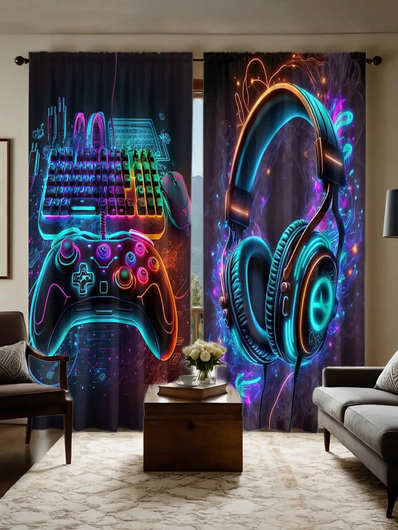 Gaming Neon Blackout Curtains - RGB Light Effect Game Controller Keyboard Headset Print Window Drapes for Gamer Room