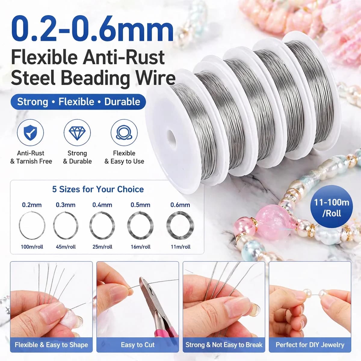 0.2-0.6mm Flexible Steel Wire for Beads and Creation DIY Jewelry, Wire for Bracelets and Necklaces, Material for Crafts and Jewelry, Roll 11-100m