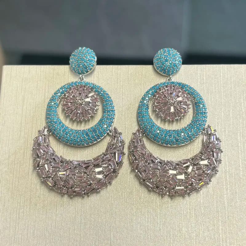 Bilincolor Pink and Blue Round Sun and Moon Geometric Earring for Women