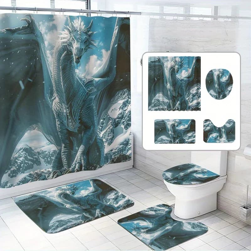 Set di tende da doccia Fantasy White Dragon da 4 pezzi con 12 ganci, poliestere resistente all'acqua, tappetino da bagno, copriwater e a forma di U