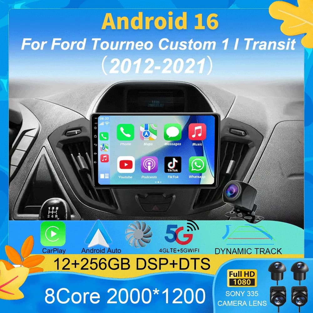 Autoradio Android 16 con Carplay, Schermo 2K, Lettore Multimediale per Ford Tourneo Custom 1 I Transit 2012 - 2021, Stereo per Auto