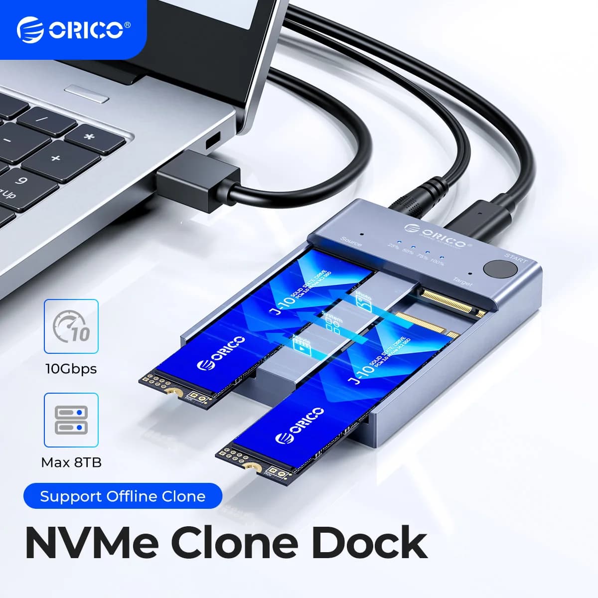 ORICO Duplicatore SSD Dual Bay M.2 NVMe Custodia clone offline 10Gbps Gen2 USB3.0 Scatola di immagazzinaggio M2 Disco rigido Copia Custodia esterna