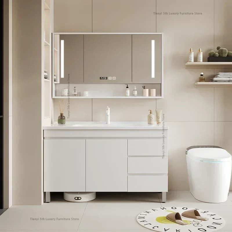 Specchio da bagno nordico in legno massello Stile moderno color crema Trucco di bellezza di lusso Mobile da bagno Vanity Furniture Arredo Bagno FYBC