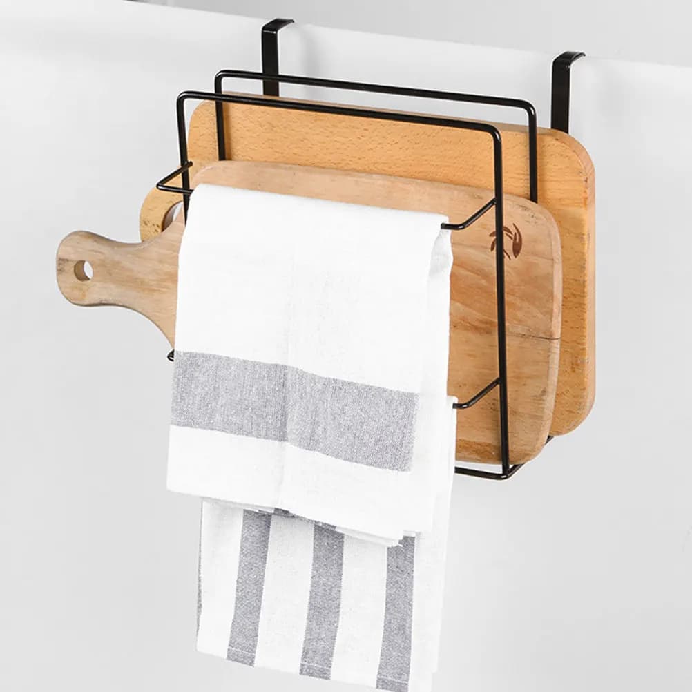 Double-Deck Kitchen Cutting Board Rack Iron Tough Wall-Mounted Organizer Black Table Towel Holder Drip Tray Cutting Board Rack