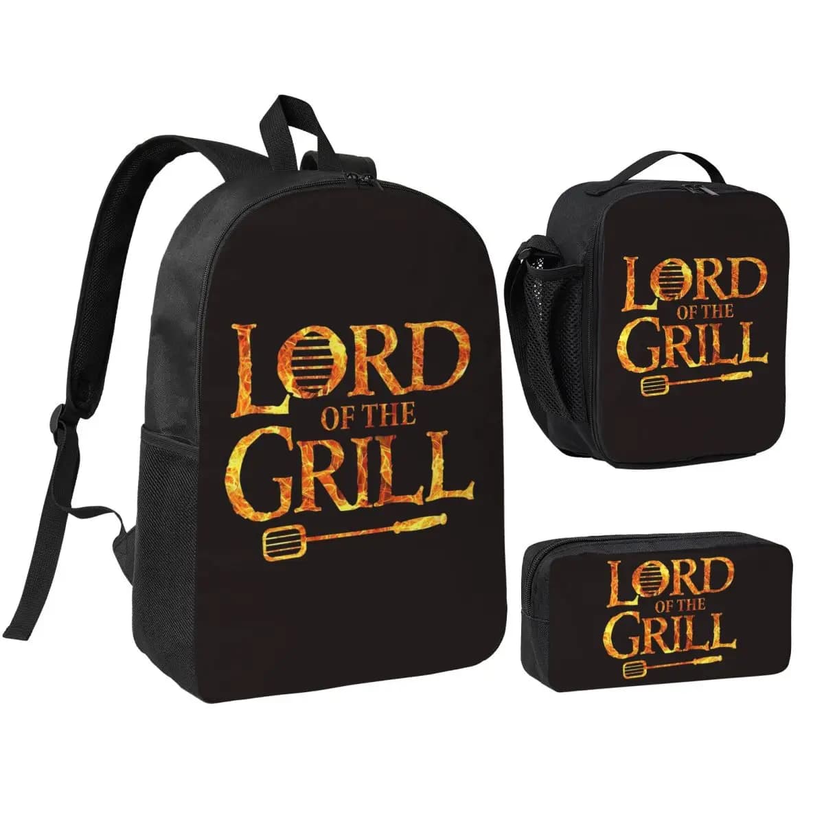 Lord Of The Grill, Zaino da cuoco per barbecue, per ragazzi e ragazze, borsa per libri, borsa da scuola, borse a tracolla, 3 pezzi, borsa per il pranzo isolata, astuccio per matite