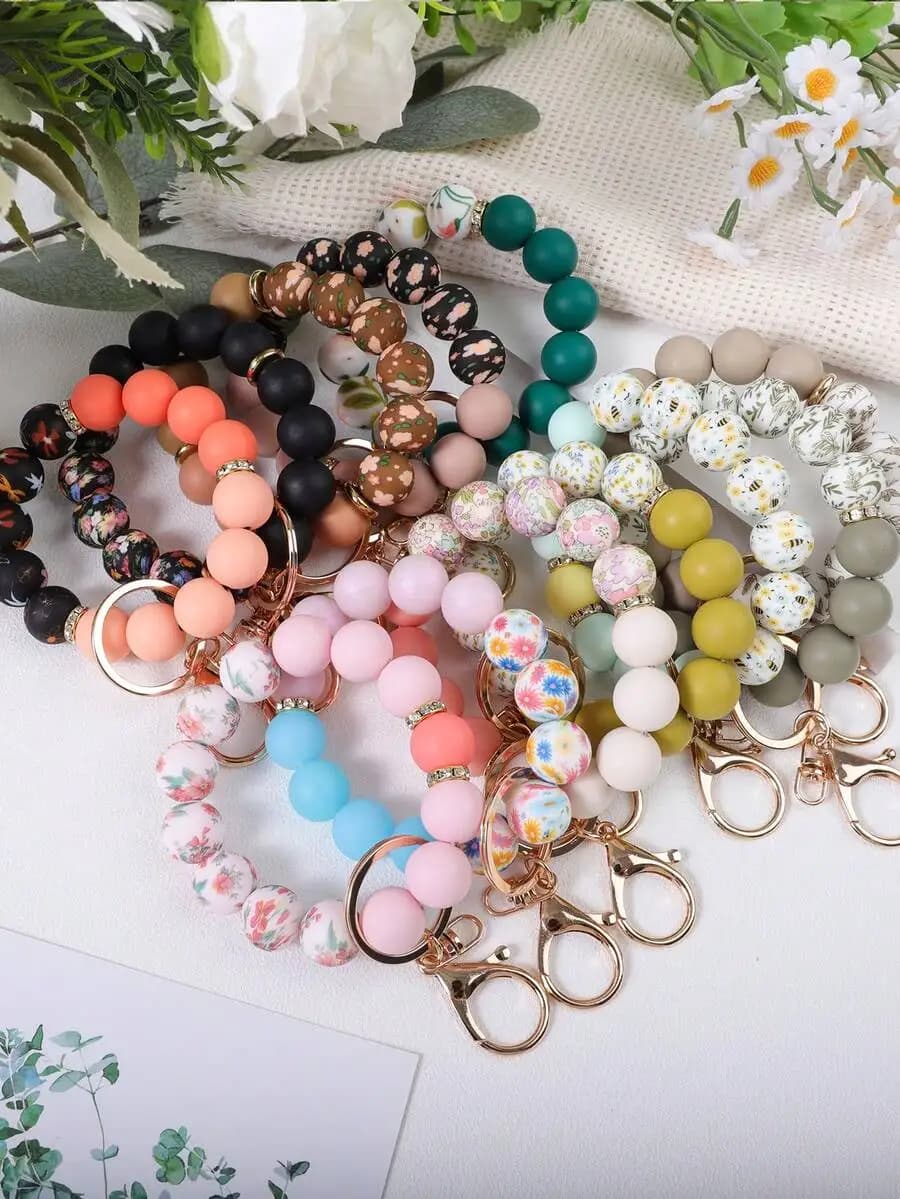 Beaded Bracelet Keychain For Adults, Bohemian Style Silicone Bead Key Ring Accessory, Multi Color Floral Design