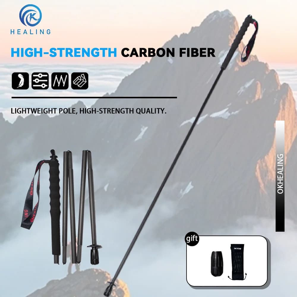 OKHEALING 110g Ultra-Light 5-Section Foldable Carbon Fiber Trekking Poles Portable Outdoor Hiking Walking Sticks