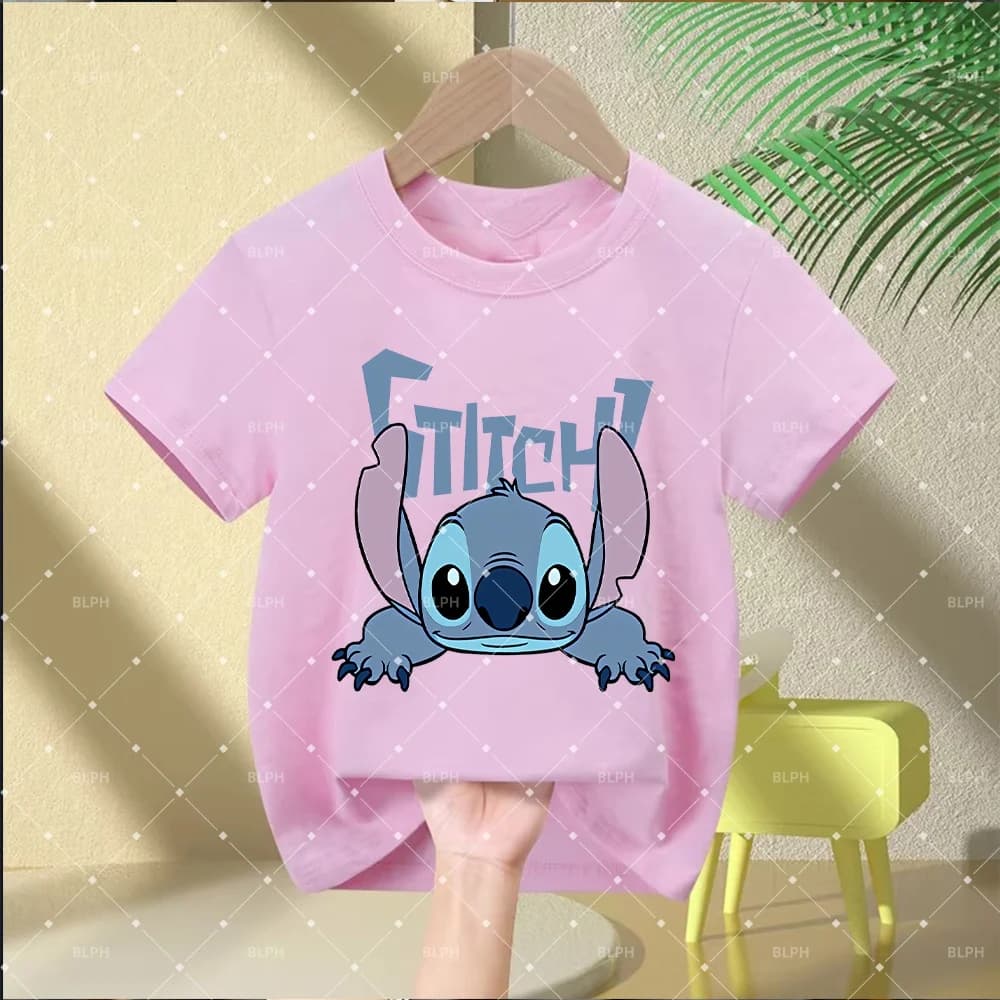 Simpatica maglietta Disney Stitch per bambini, adorabile stampa con personaggi dei cartoni animati, maglietta casual in morbido cotone per ragazzi e ragazze