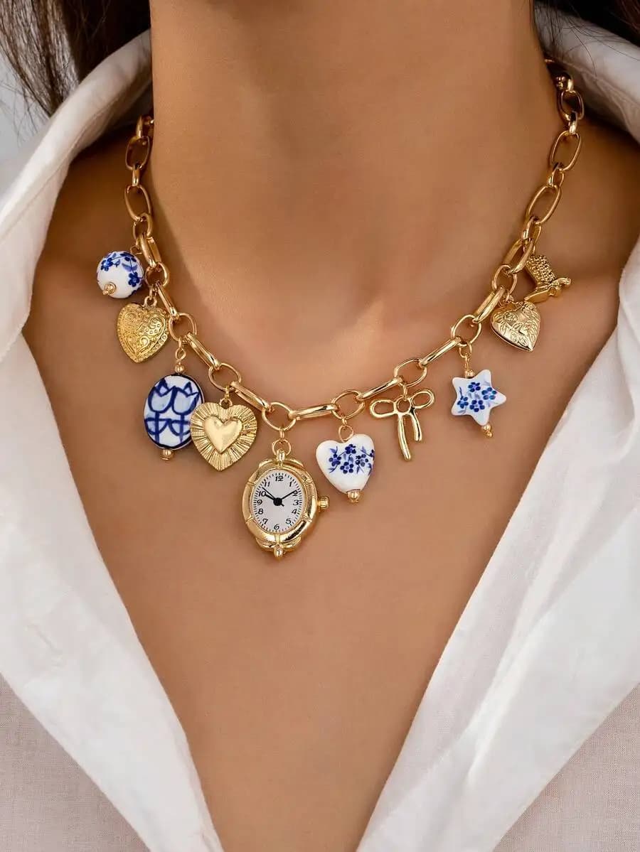Collana con ciondolo a cuore in ceramica floreale con finto orologio, collana con ciondoli in porcellana bianca e blu fatti a mano, gioielli da donna, B