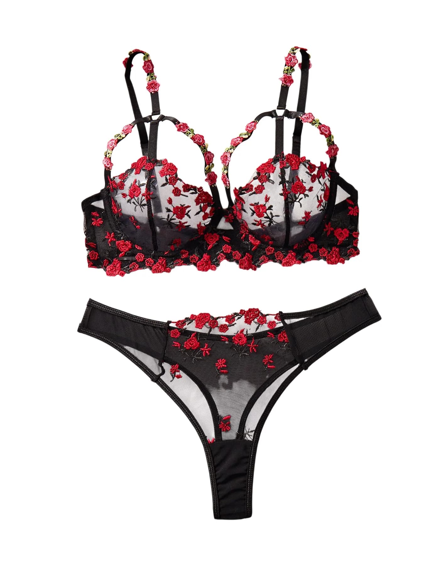 Set Reggiseno Ricamato con Fiori in Pizzo Francese, Bralette Sexy da Donna, Perizoma Trasparente, Lingerie e Set di Mutandine