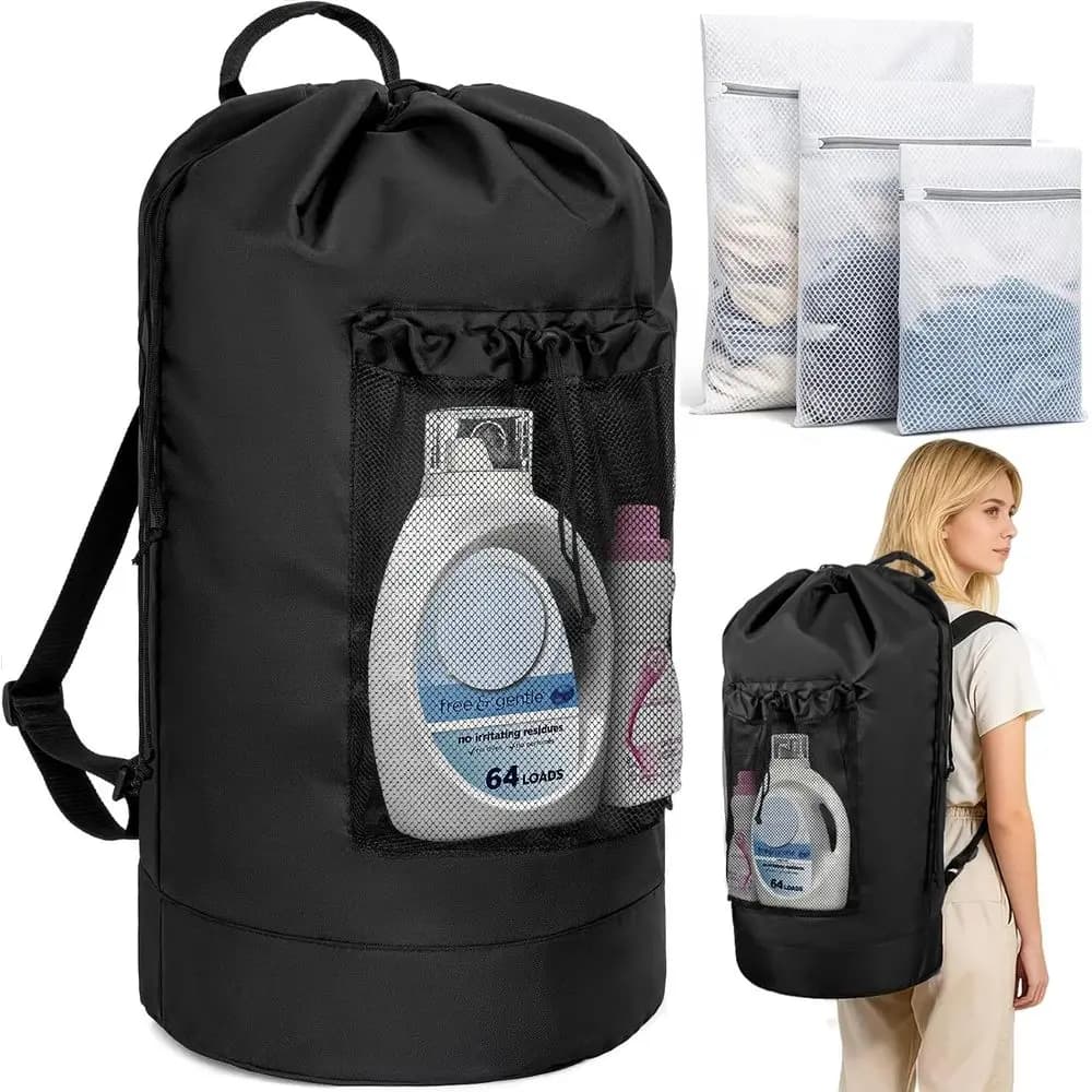 150L Laundry Bag Backpack with 3 Sizes Mesh Wash Bags and Shoulder Straps, Foldable Clothes Hamper Bag with Drawstring Closure f